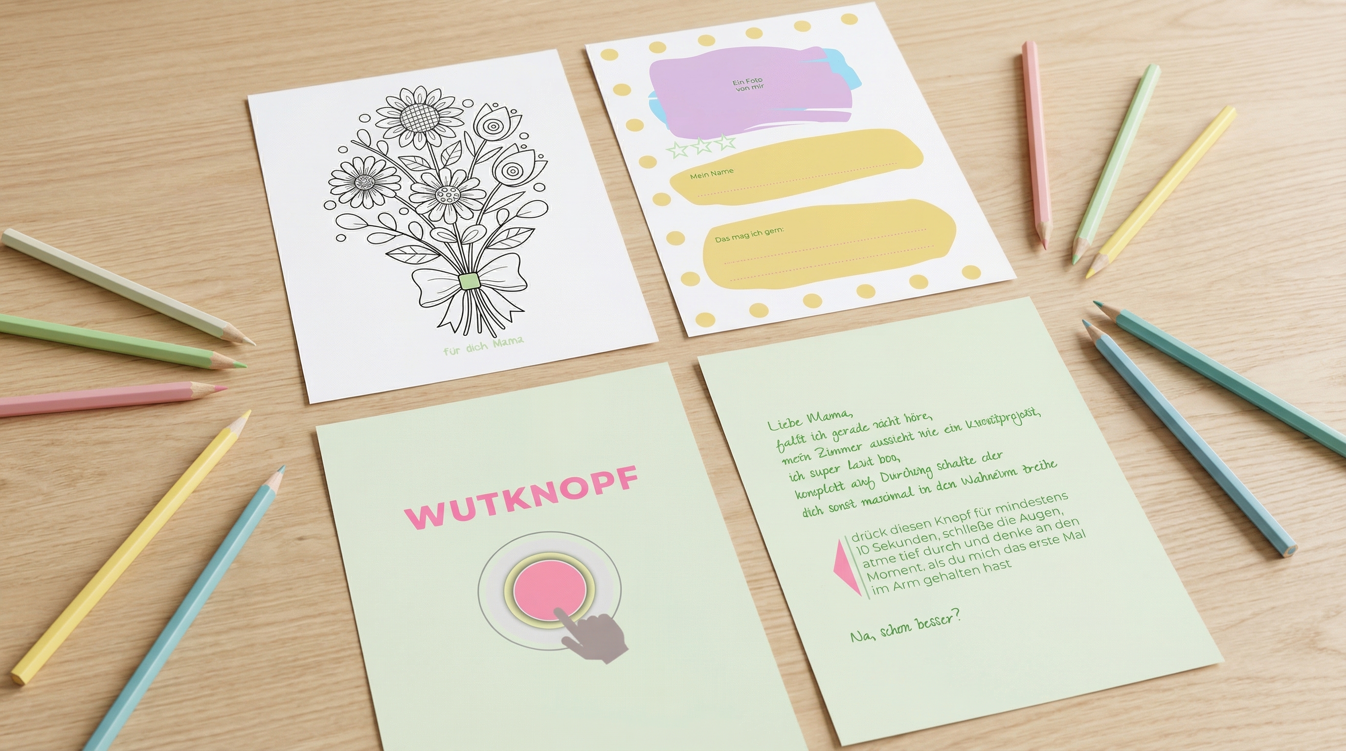Collage aus 4 Buchseiten: Wutknopf, Blumenstrauß zum Ausmalen, Liebesbrief und Eintragungsfelder